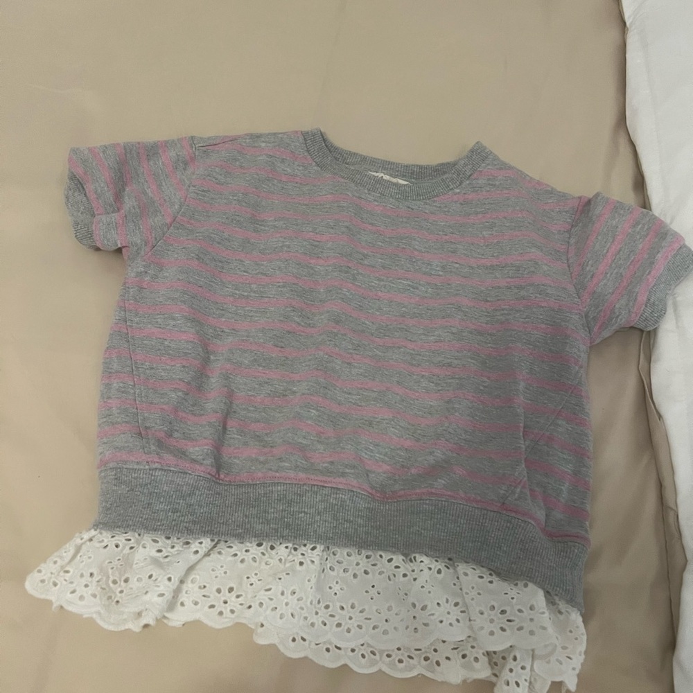 Gray and Pink Striped Kids Top with Lace Hem